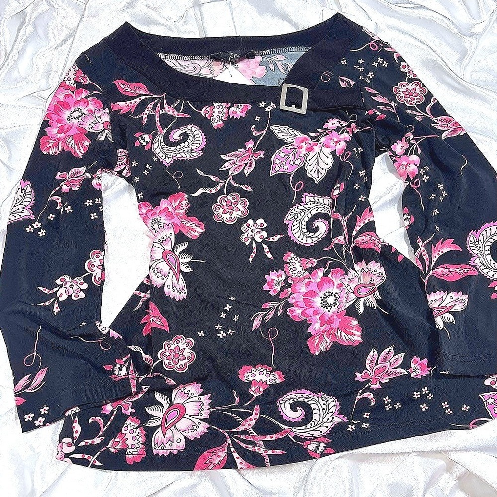 y2k floral Long Sleeve Top Black New Buckle Neck Paisley Print